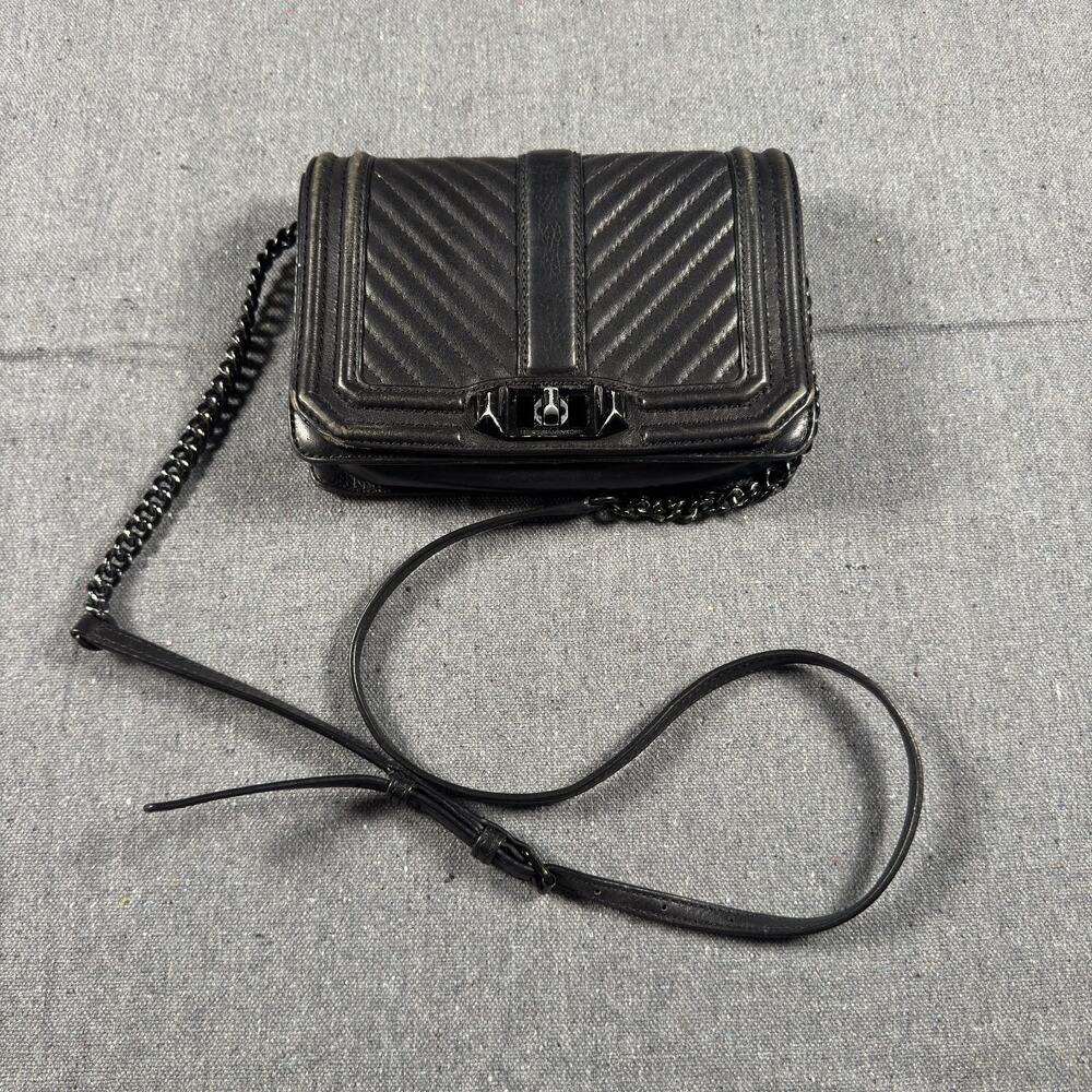 Rebecca Minkoff Black Chevron Quilted Leather Crossbody Shoulder Bag Purse Chain